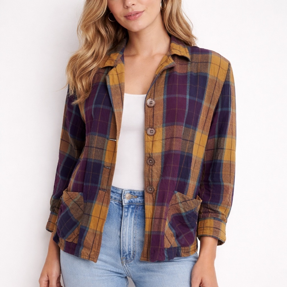 Banana Republic Vintage Plaid Shirt Button Down Top Yellow Purple Size Small
